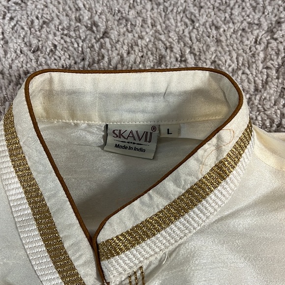 Skavij Kurta Men’s Ivory Cream Soft Dupioni Silk Fabric Indian Tunic - Picture 4 of 11